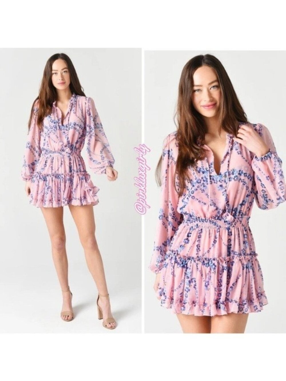 Misa Los Angeles Lorena Light Pink & Blue Floral Mini Dress Ruffle Hem,  Size XS